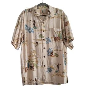 Robert Pepi Men Medium 100% Silk Hawaiian Surfer Tropical Button Up Shirt Cream